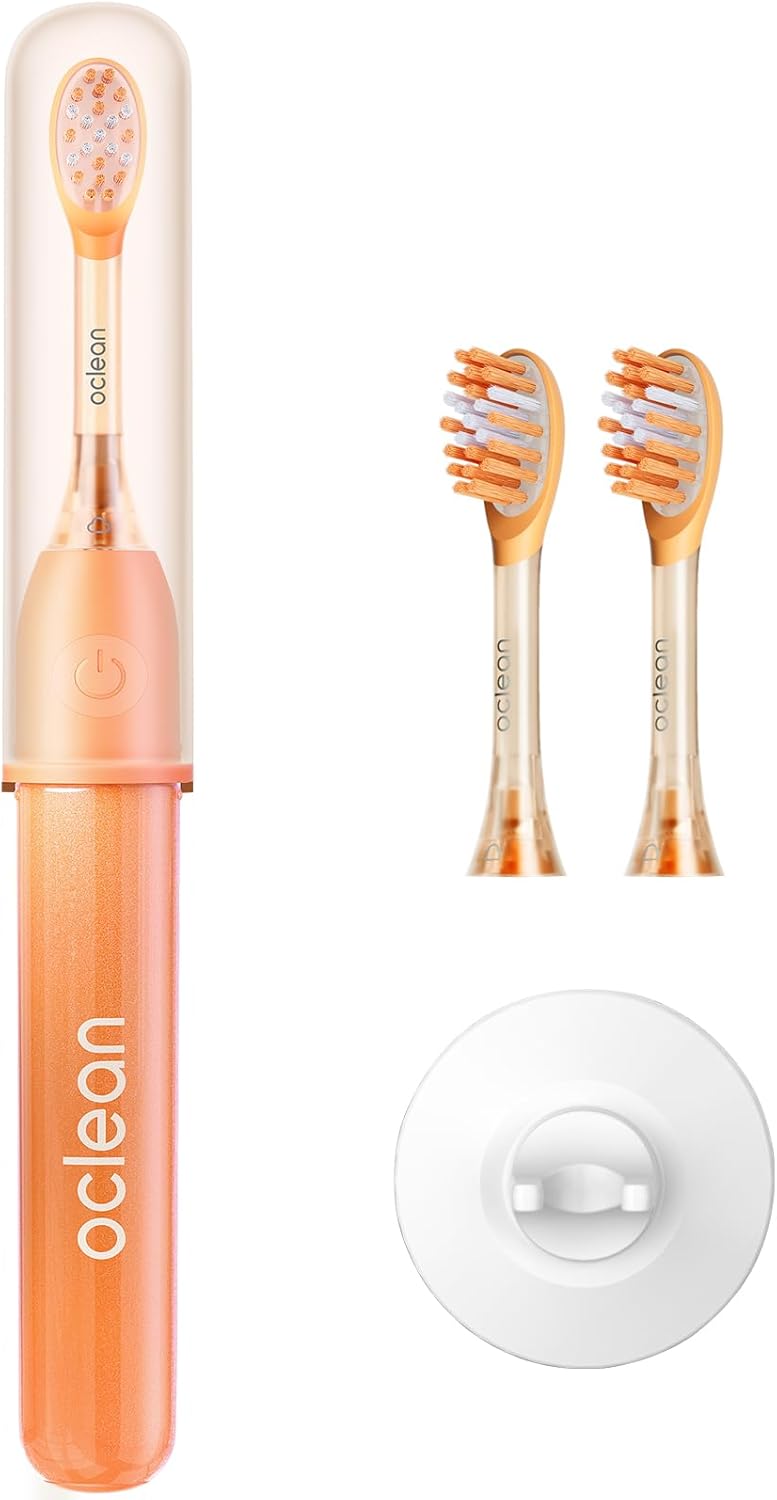 Oclean Ease elektrische Zahnbürste Orange, USB-Ladung Zahnbürste mit 3 Bürstenköpfen, Tragbare Schallzahnbürste für Reisen, Sonic Electric Toothbrush mit Timer, 2 Putzmodi, Wandhalterung