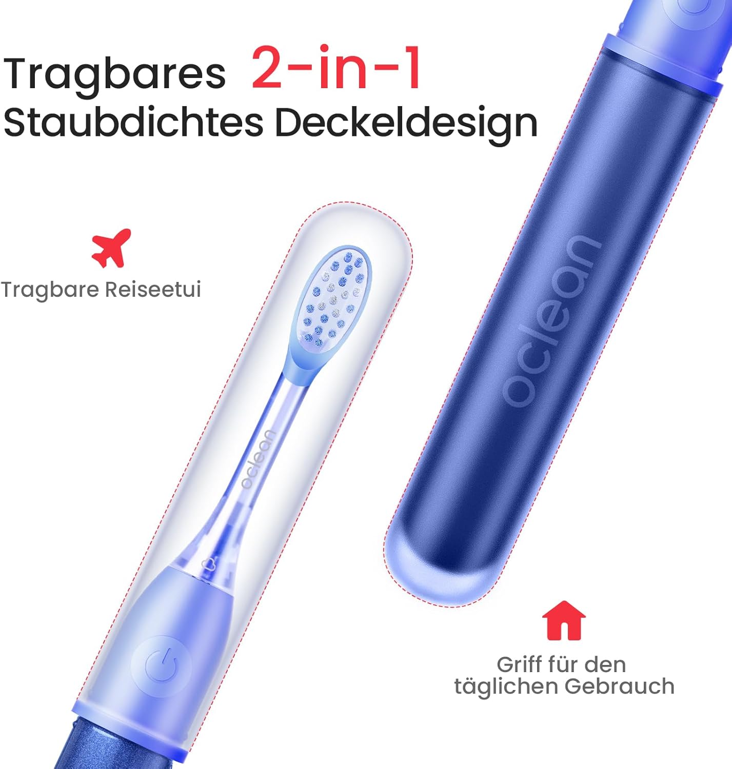Oclean Ease elektrische Zahnbürste Blau, Tragbare Schallzahnbürste geeignet für Reisen, USB-Ladung Zahnbürste mit 3 Bürstenköpfen, Sonic Electric Toothbrush mit Timer, 2 Putzmodi mit Wandhalterung