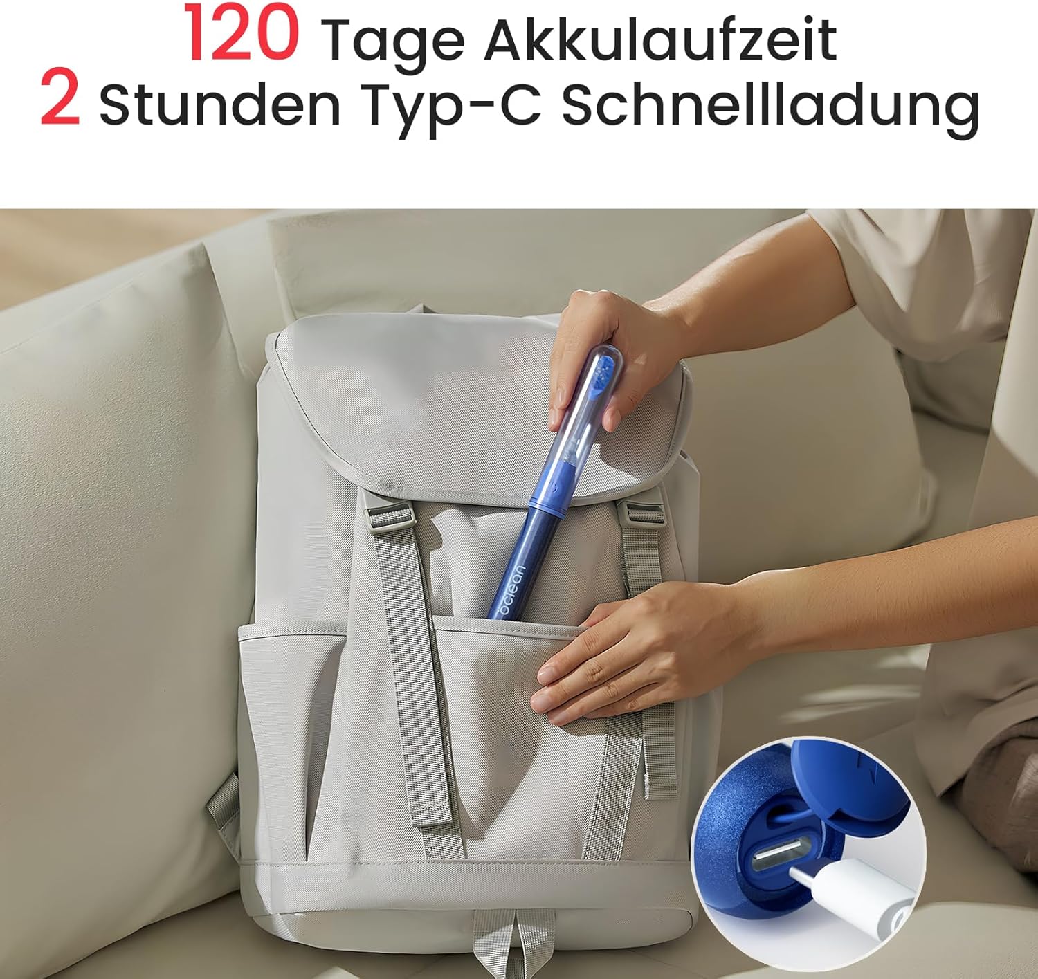 Oclean Ease elektrische Zahnbürste Blau, Tragbare Schallzahnbürste geeignet für Reisen, USB-Ladung Zahnbürste mit 3 Bürstenköpfen, Sonic Electric Toothbrush mit Timer, 2 Putzmodi mit Wandhalterung