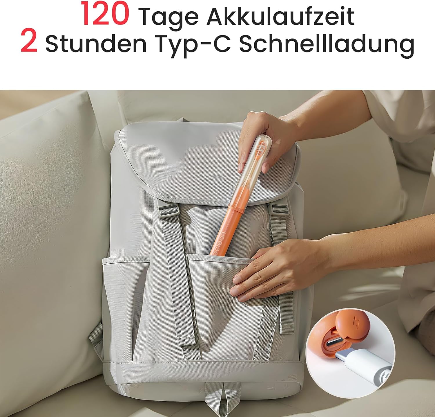 Oclean Ease elektrische Zahnbürste Orange, USB-Ladung Zahnbürste mit 3 Bürstenköpfen, Tragbare Schallzahnbürste für Reisen, Sonic Electric Toothbrush mit Timer, 2 Putzmodi, Wandhalterung
