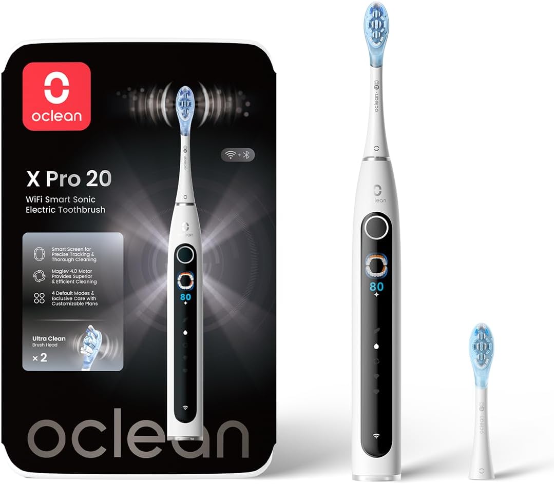 Oclean elektrische Zahnbürste X Pro 20, 4 Putzmodi Schallzahnbürste mit Timer, Touchscreen mit 12 Bereichsverfolgung, 84,000 Bewegungen/Minute, 40 Tage Akkulaufzeit Sonic Electric Toothbrush, Weiß