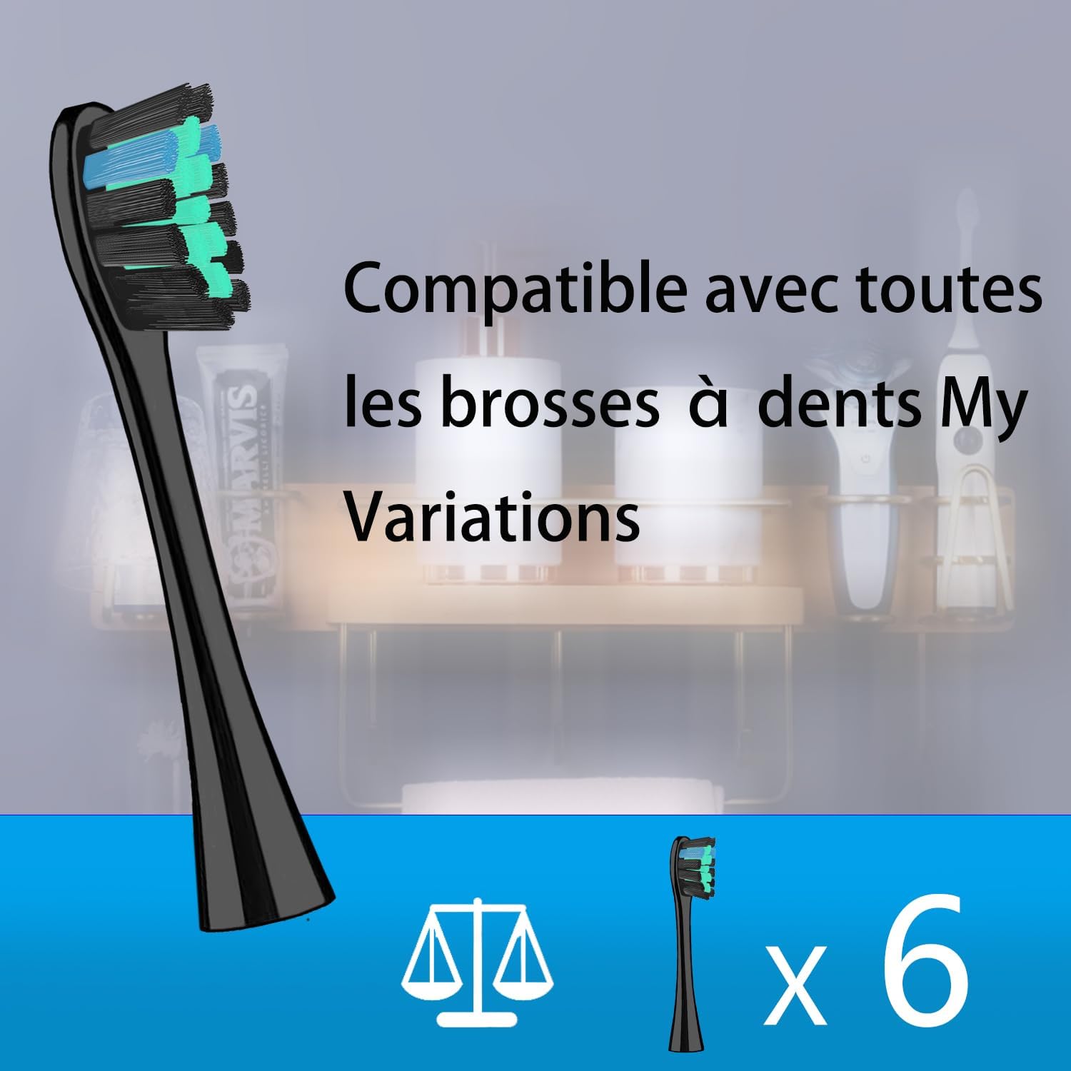 Copimy Têtes de Brosse à Dents Electrique Compatible avec My Variations, 6 têtes de brosse compatibles avec brosse à dents électriques MyVariations tete de rechange brossettes (noir)