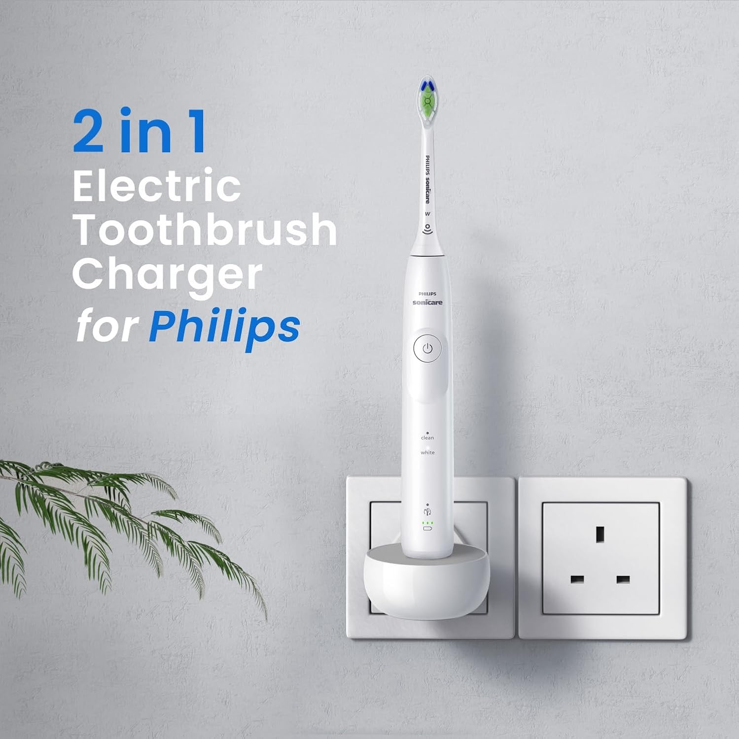 2-in-1 Wall Charger for Philips Sonicare Electric Toothbrush, Charger Base for Philip 1100 3100 4100 4300 4500 5100 5300 6000 6100 6300 7000 Serie, IPX5, White