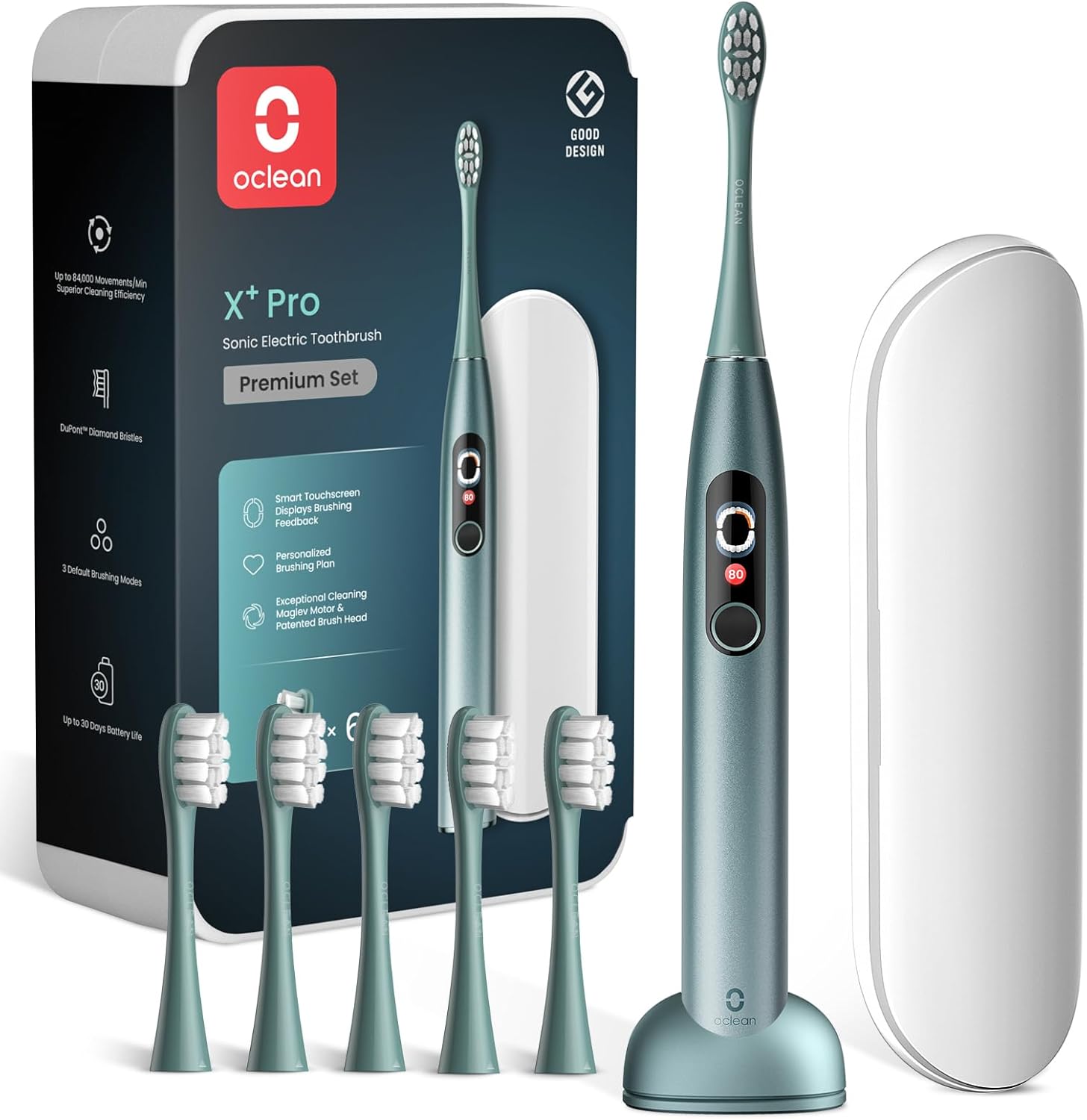 Oclean Elektrische Zahnbürste X Series Pro Gift Set, Schallzahnbürste mit Bildschirm, 3 Modi & 32 Intensitäten Sonic Electric Toothbrush mit Timer, 6 Stücke Bürstenköpfe mit Reiseetui, Grün