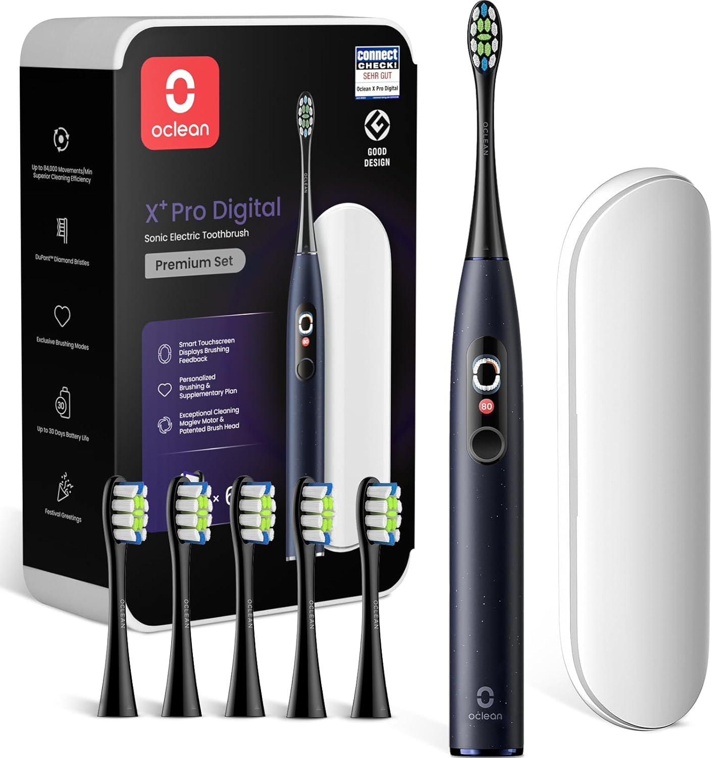 Oclean Schallzahnbürste X Series Pro Digital Travel Set mit Touch-Display, 6 Zahnbürstenköpfe mit Reiseetui, 3 Modi Elektrische Zahnbürste mit Timer & 30 Tage Akkulaufzeit, Sternlila