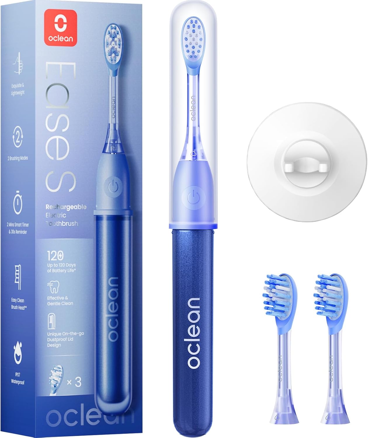 Oclean Easy Clean Bürstenköpfe 2 Pack, Ersatzbürstenköpfe für Oclean Ease elektrische Zahnbürste, weichem Gummi mit soft Borsten, Aufsteckzahnbürstenkopf mit Zungenreiniger, Blau