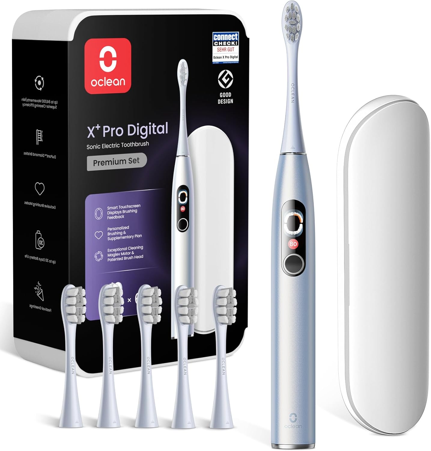 Oclean Schallzahnbürste X Series Pro Digital Travel Set mit Touch-Display, 6 Bürstenköpfe mit Reiseetui & Timer, 3 Modi Elektrische Zahnbürste, Electric Toothbrush mit 30 Tage Akkulaufzeit, Perlsilber