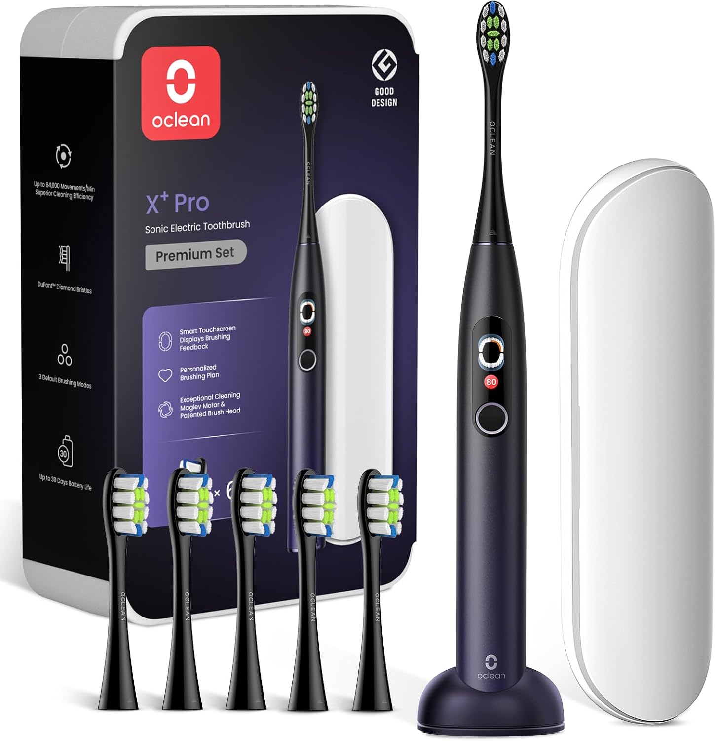 Oclean Elektrische Zahnbürste X Series Pro Gift Set, Schallzahnbürste mit Bildschirm, 3 Modi & 32 Intensitäten Sonic Electric Toothbrush mit Timer, 6 Stücke Bürstenköpfe mit Reiseetui, Dunkellila
